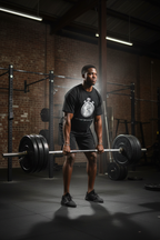 A man in a black t-shirt and shorts performing a deadlift with a barbell in a gym with brick walls.