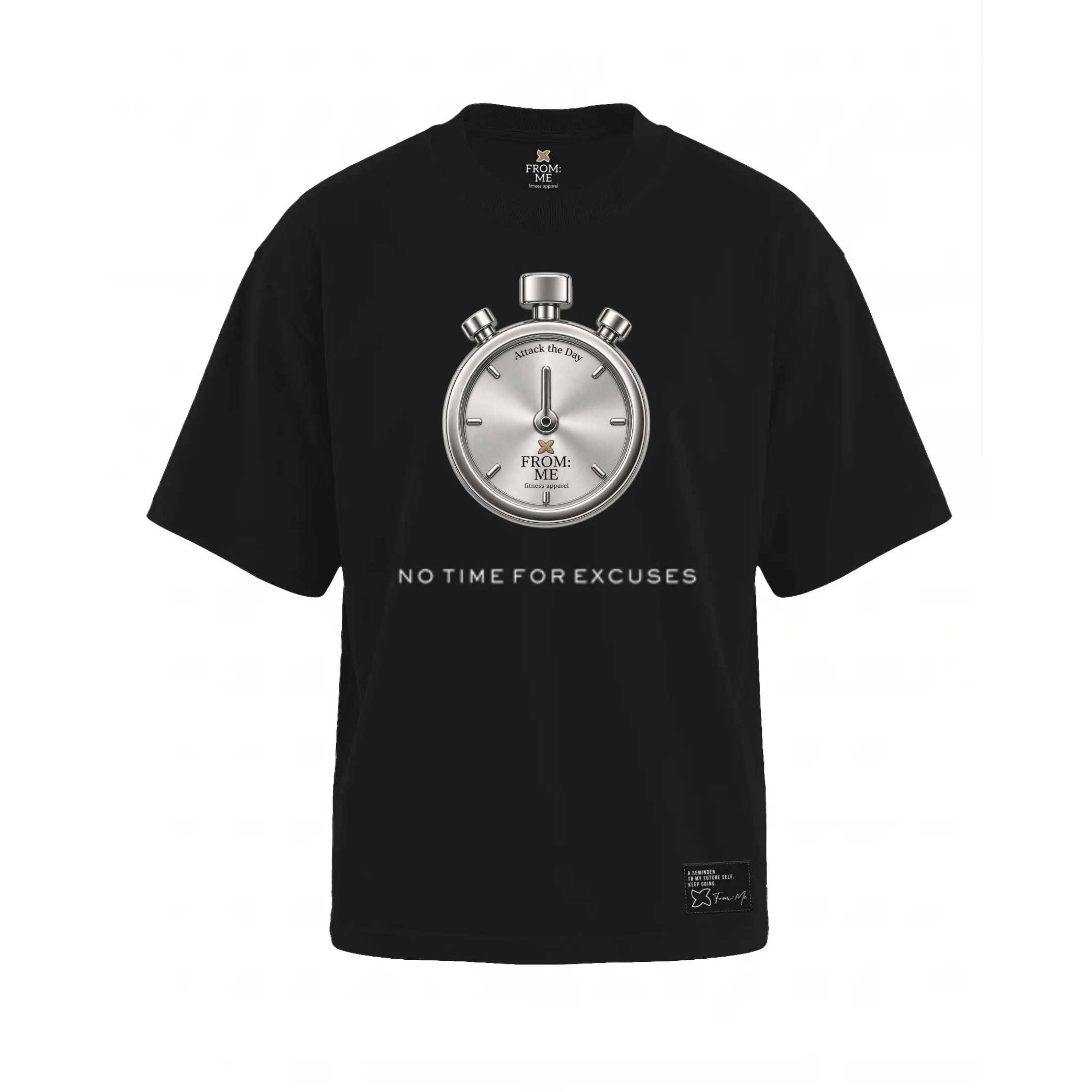 A black short-sleeve t-shirt with a large silver stopwatch graphic on the chest and the text 'NO TIME FOR EXCUSES' printed below it, displayed on a solid white background.