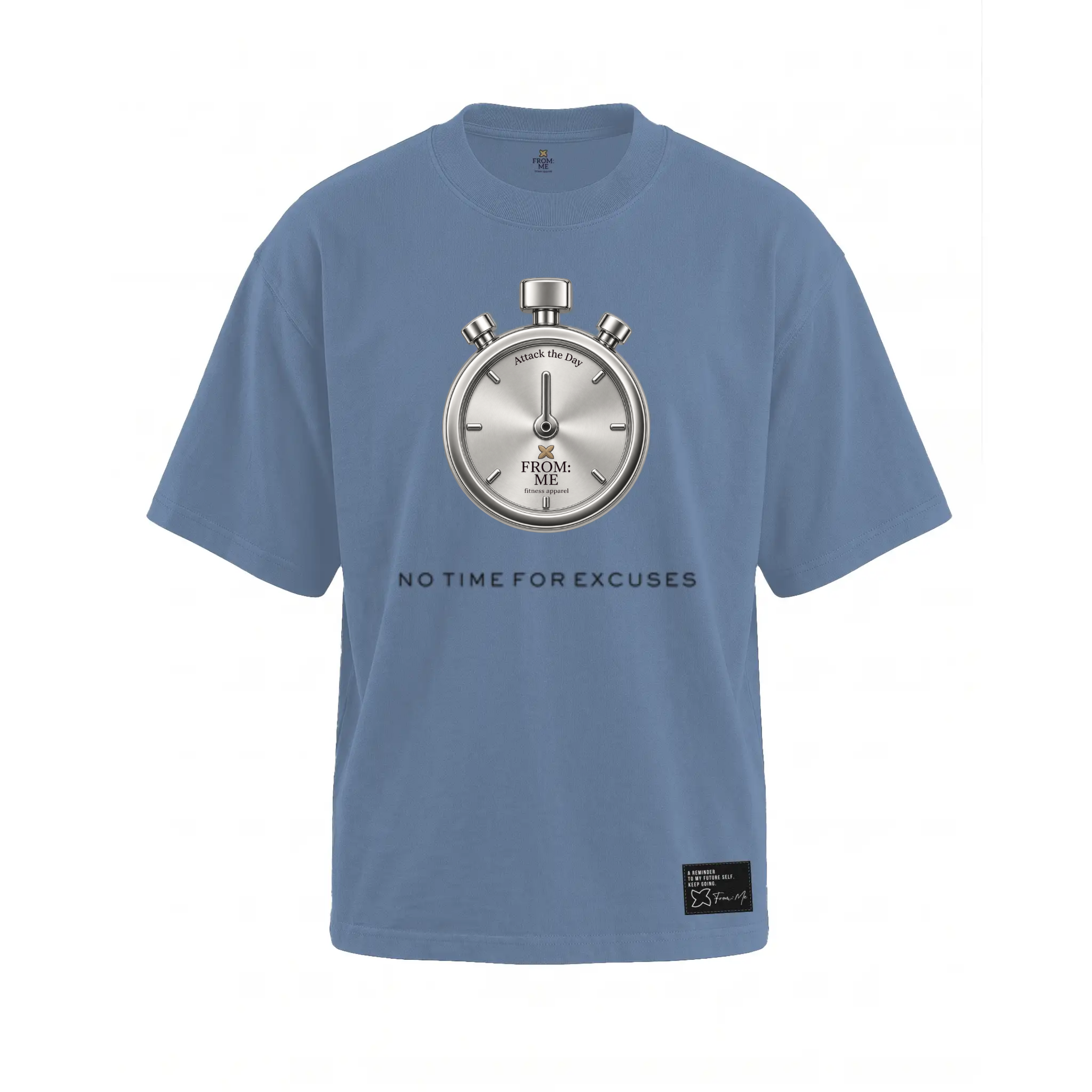 A light blue crewneck t-shirt featuring a large stopwatch graphic on the chest with the text 'NO TIME FOR EXCUSES' printed below it. A small black brand patch is visible on the lower right hem.