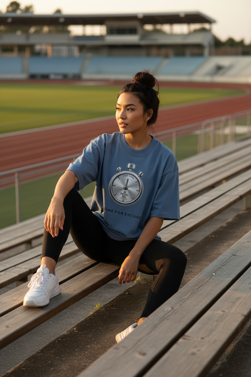 A woman sits on wooden stadium bleachers at an outdoor track and field, wearing a light blue graphic t-shirt, black leggings, and white sneakers.
