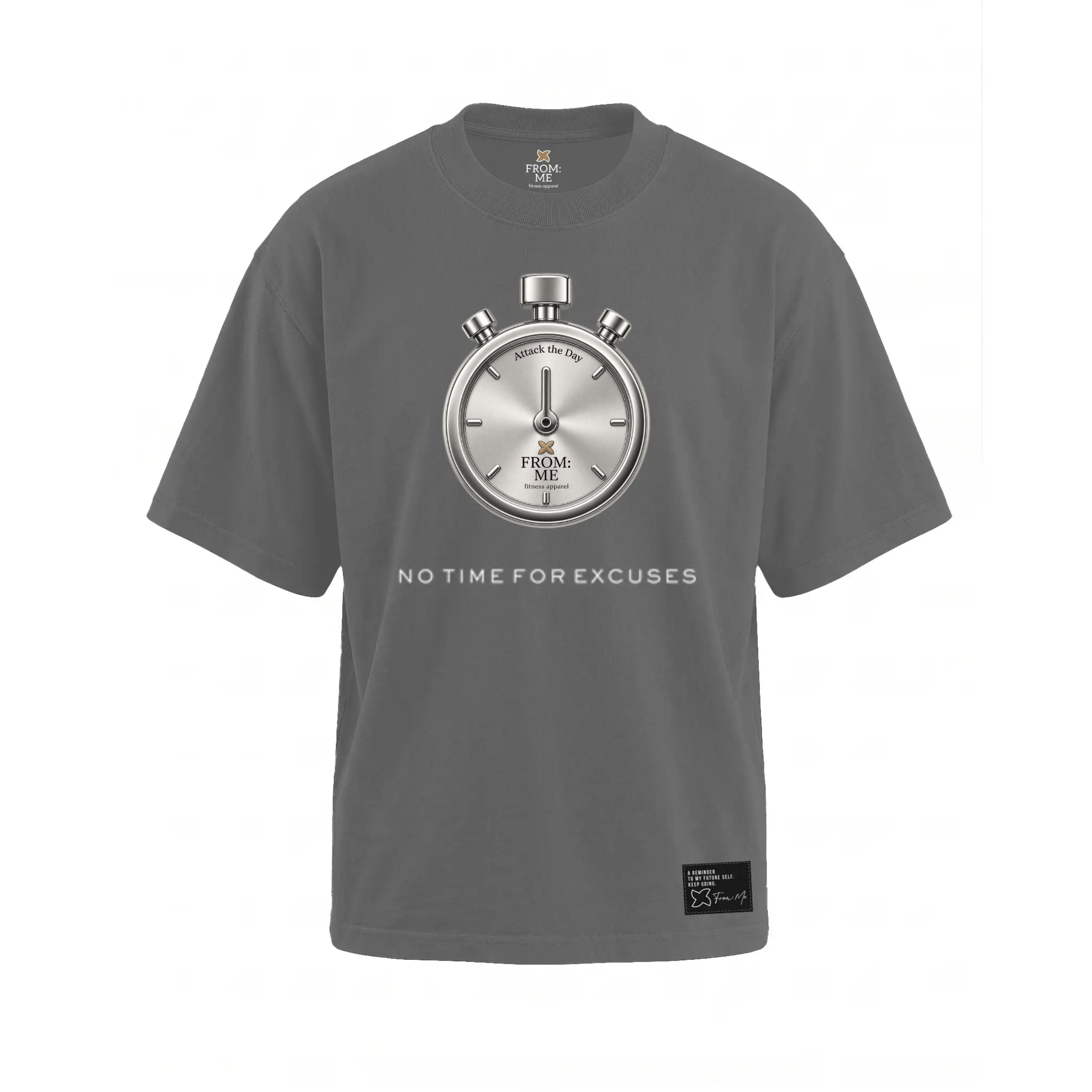 A dark gray crewneck t-shirt featuring a large graphic of a silver stopwatch on the chest with the text 'NO TIME FOR EXCUSES' printed below it. The brand 'Pursue' is visible on the inner neck label and on the stopwatch graphic.