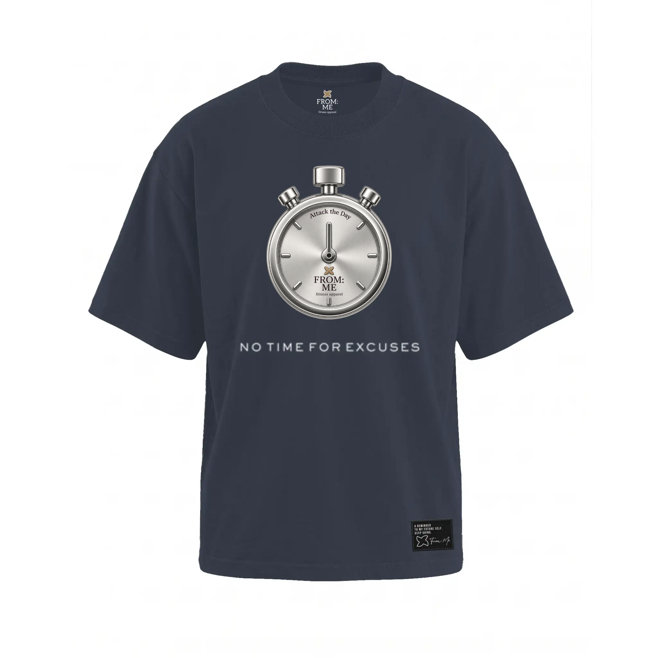 A navy blue short-sleeve t-shirt with a large silver stopwatch graphic on the chest and the text 'NO TIME FOR EXCUSES' printed below it, displayed on a clean white background.