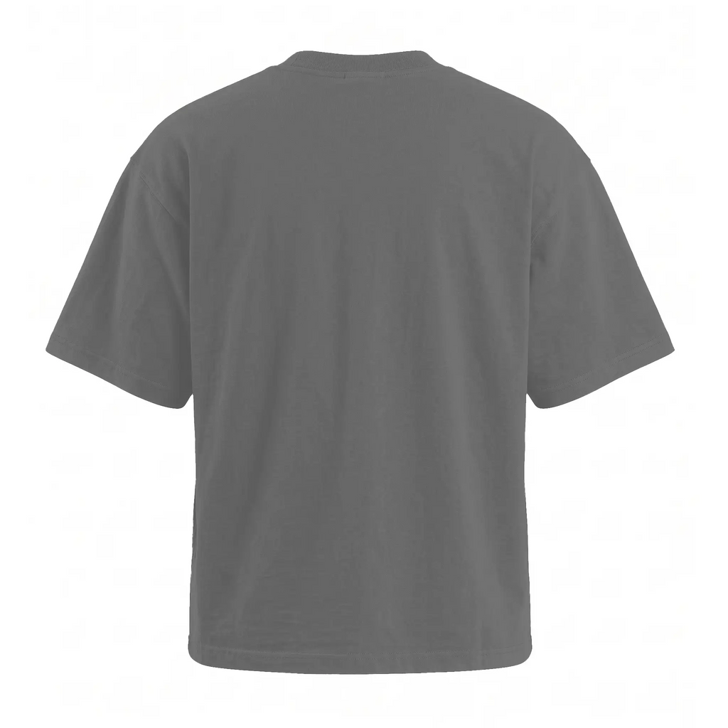 A dark gray short-sleeve crewneck t-shirt shown from the back, displayed on a clean white background.