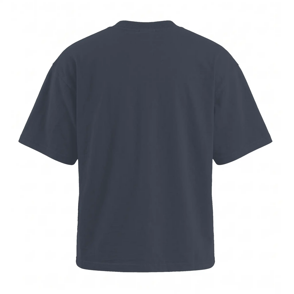 A dark navy blue short-sleeve crewneck t-shirt shown from the back, isolated on a solid white background.