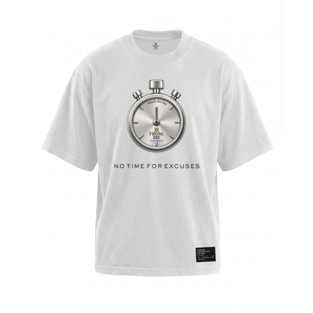 A white short-sleeve crewneck t-shirt featuring a large silver stopwatch graphic on the chest with the text 'NO TIME FOR EXCUSES' printed below it. A small black brand patch is visible on the lower right hem.
