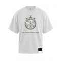 A white short-sleeve crewneck t-shirt featuring a large silver stopwatch graphic on the chest with the text 'NO TIME FOR EXCUSES' printed below it. A small black brand patch is visible on the lower right hem.