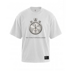 A white short-sleeve crewneck t-shirt featuring a large silver stopwatch graphic on the chest with the text 'NO TIME FOR EXCUSES' printed below it. A small black brand patch is visible on the lower right hem.