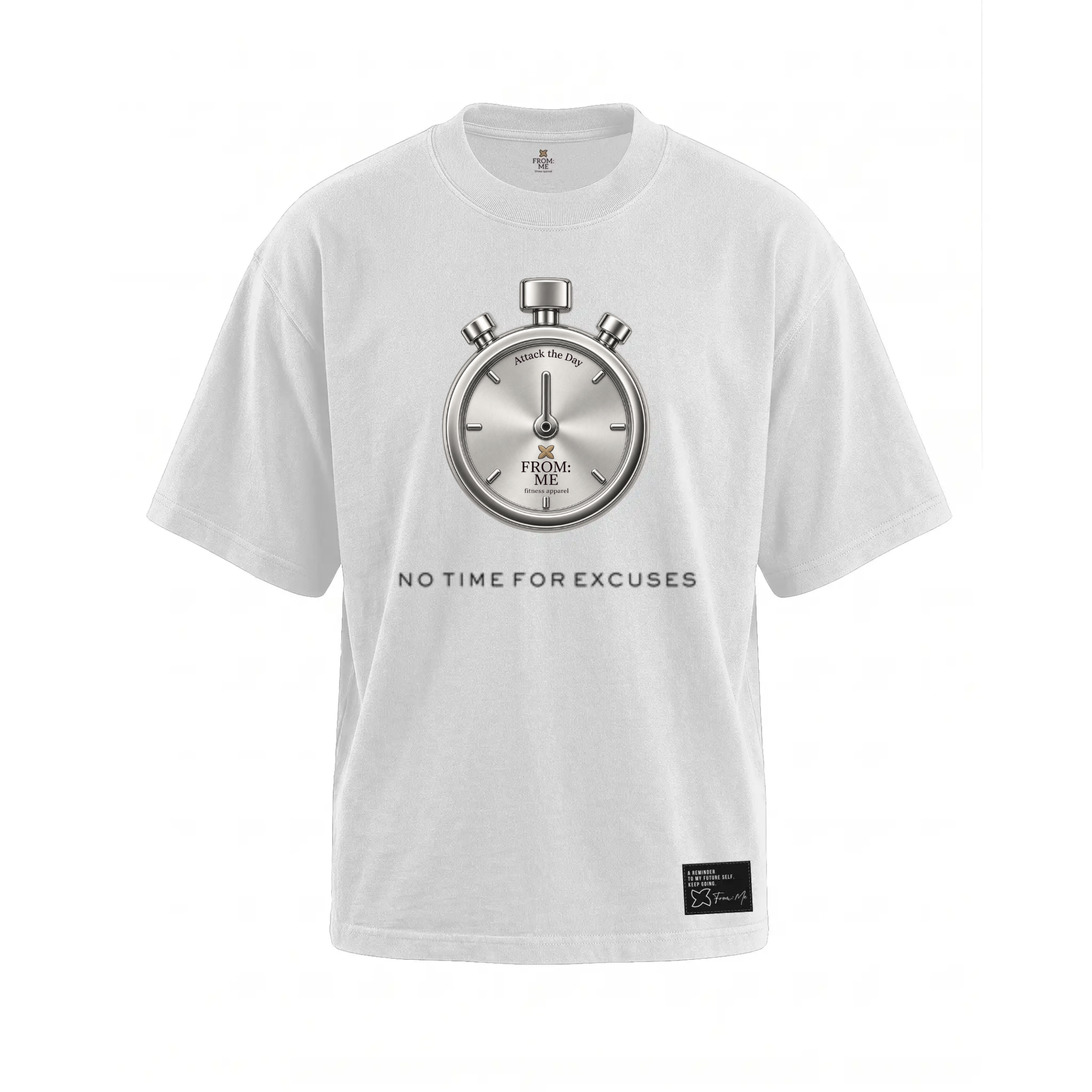 A white short-sleeve crewneck t-shirt featuring a large silver stopwatch graphic on the chest with the text 'NO TIME FOR EXCUSES' printed below it. A small black brand patch is visible on the lower right hem.