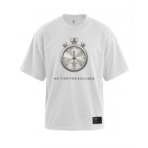 A white short-sleeve crewneck t-shirt featuring a large silver stopwatch graphic on the chest with the text 'NO TIME FOR EXCUSES' printed below it. A small black brand patch is visible on the lower right hem.