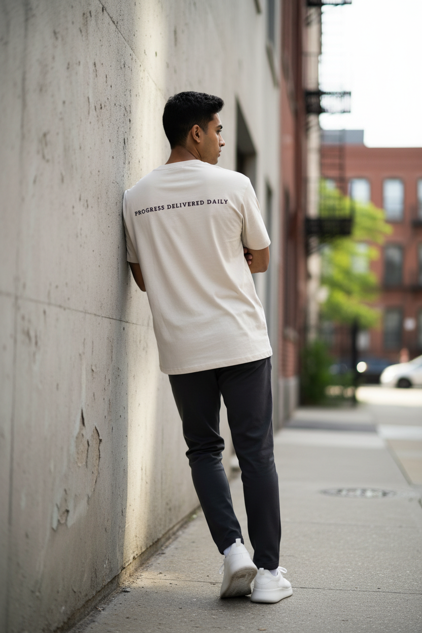 A man wearing a cream-colored t-shirt with 'PROGRESS DELIVERED DAILY' printed in black on the back, paired with dark gray pants and white sneakers, leaning against a concrete wall on an urban sidewalk.