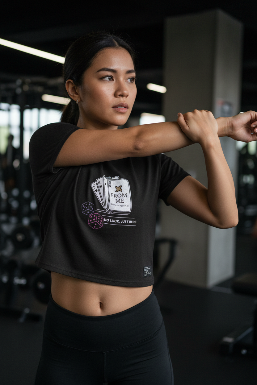 Close-up detail of No Luck Just Reps Crop Tee on Filipino female athlete
