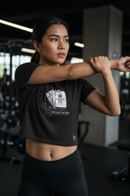Close-up detail of No Luck Just Reps Crop Tee on Filipino female athlete