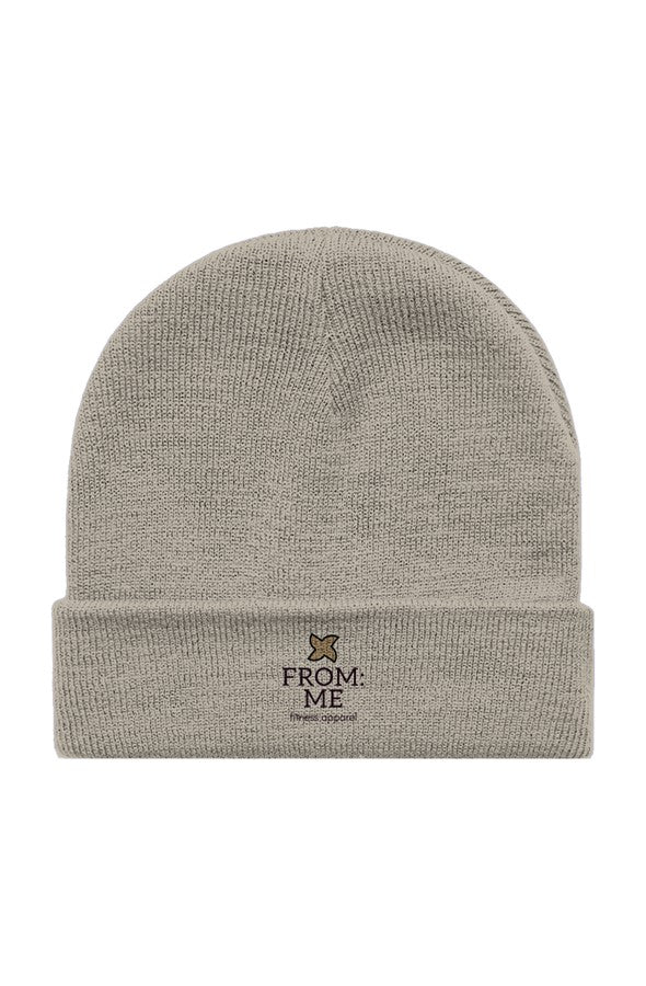 beige beanie with 'FROM: ME' logo on a white background
