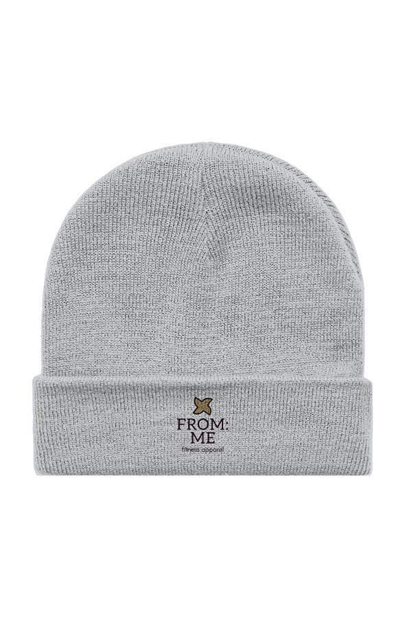 Gray beanie with 'From: Me' text on a white background