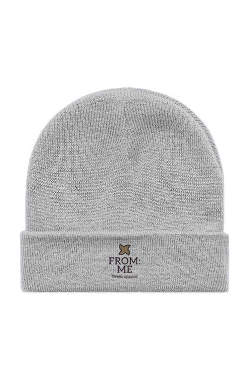 Gray beanie with 'From: Me' text on a white background