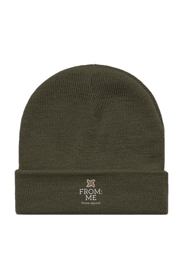 Green beanie with 'FROM: ME' logo on a white background