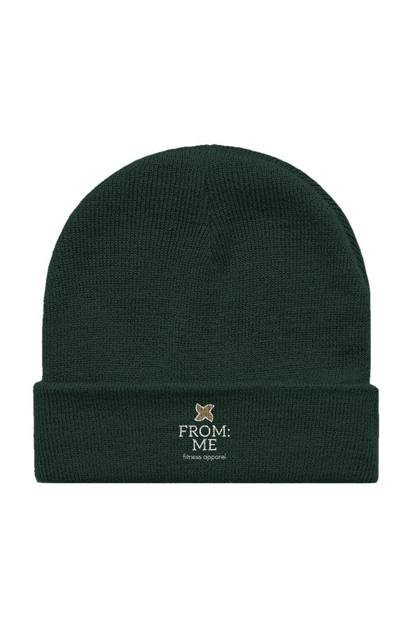 hunter green beanie with 'From Me' logo on a white background
