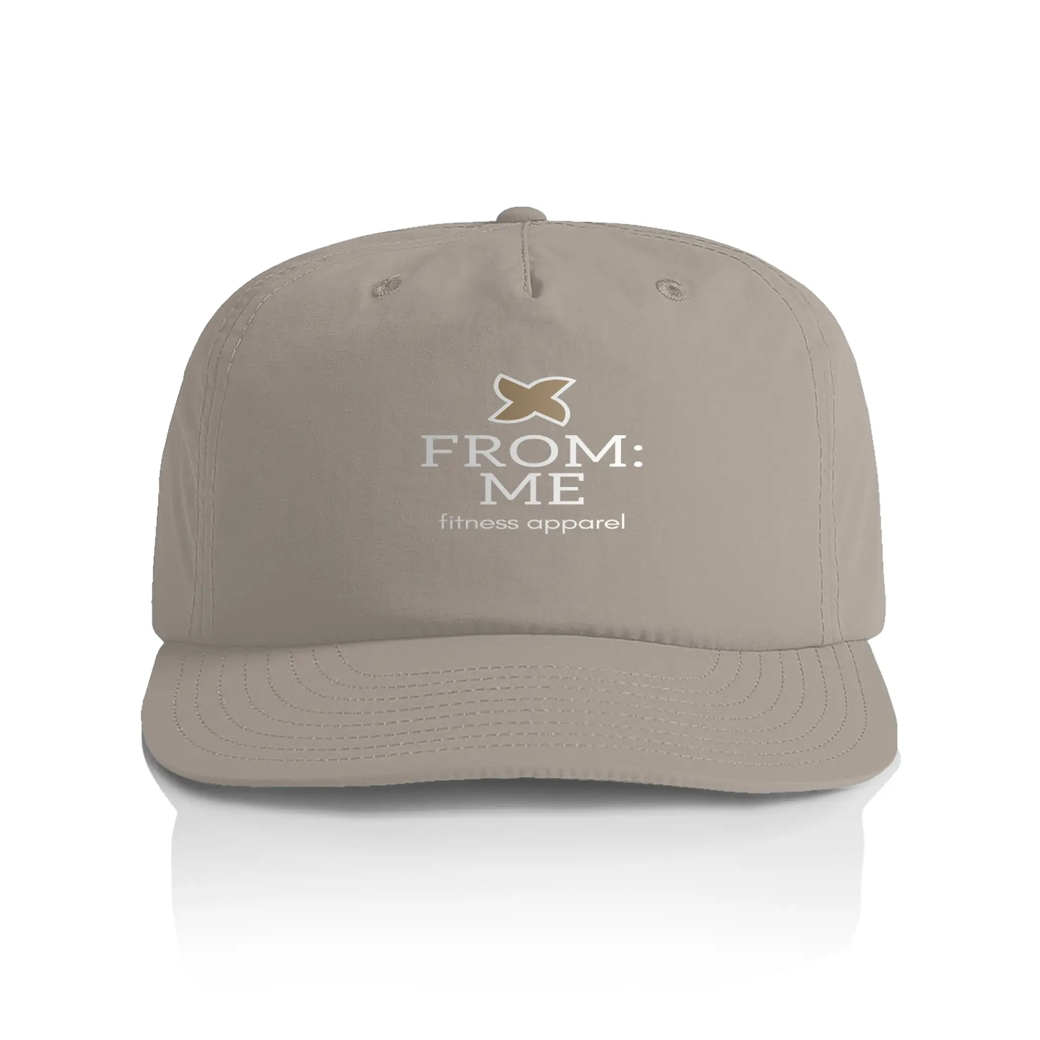 Beige cap with 'FROM: ME fitness apparel' logo on a white background