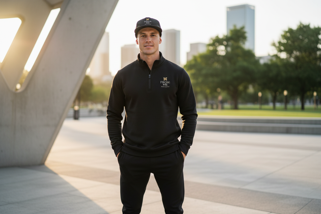 Male model in Mens Quarter Zip and Black Cap