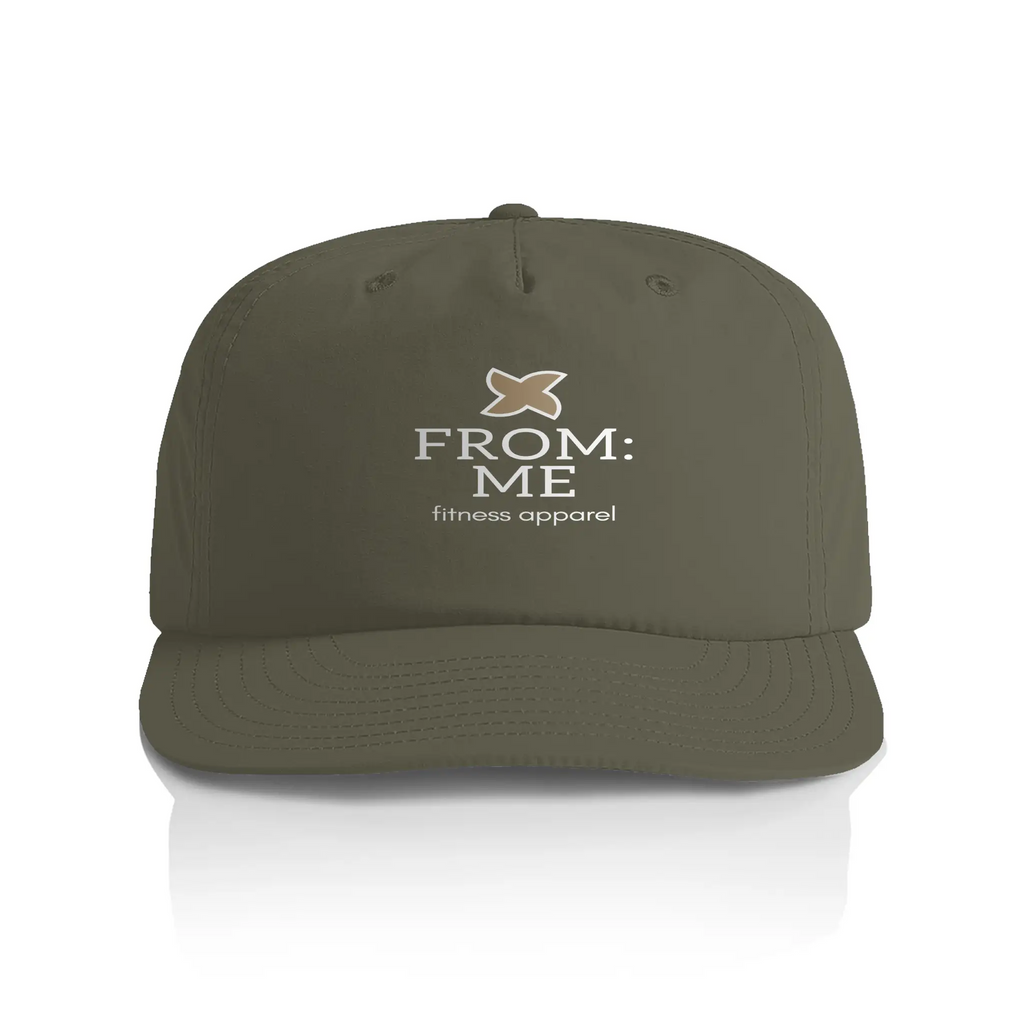 Olive green cap with 'FROM: ME fitness apparel' logo on a white background