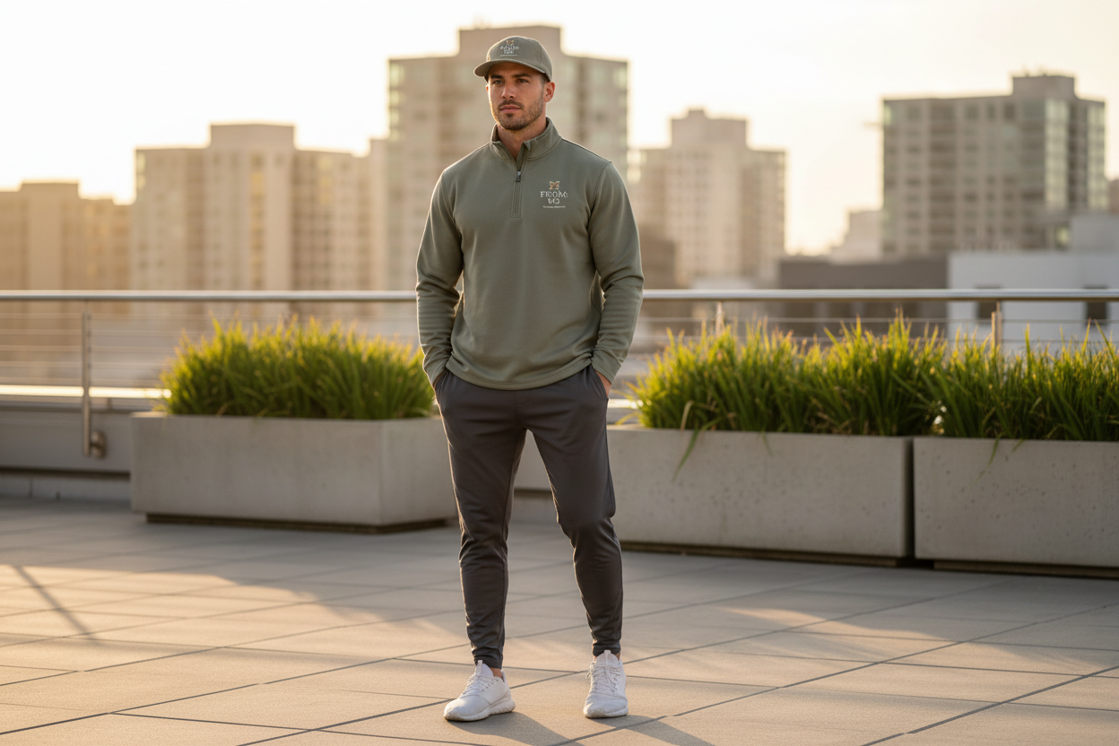 Man standing on a rooftop with city skyline in the background
