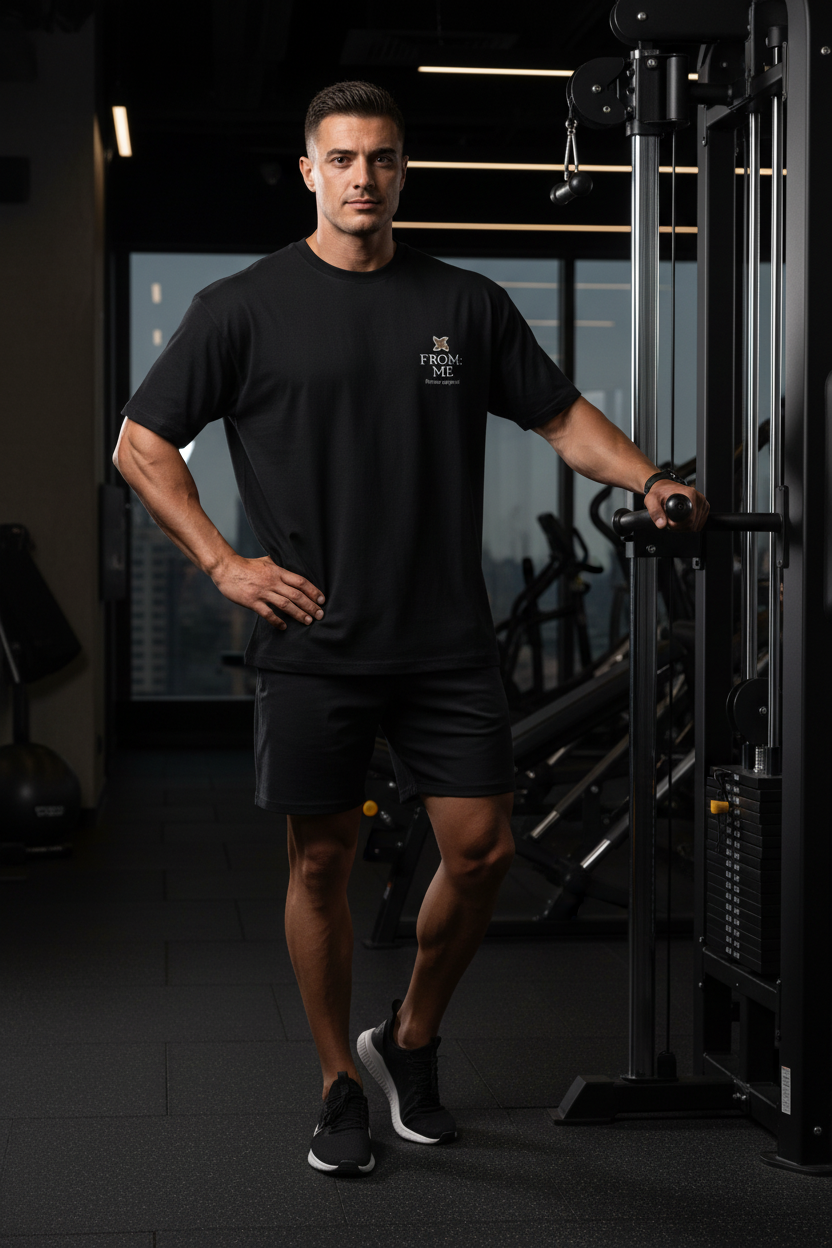 Man in a gym wearing a black t-shirt and shorts, standing in front of gym equipment | From Me Fitness Apparel