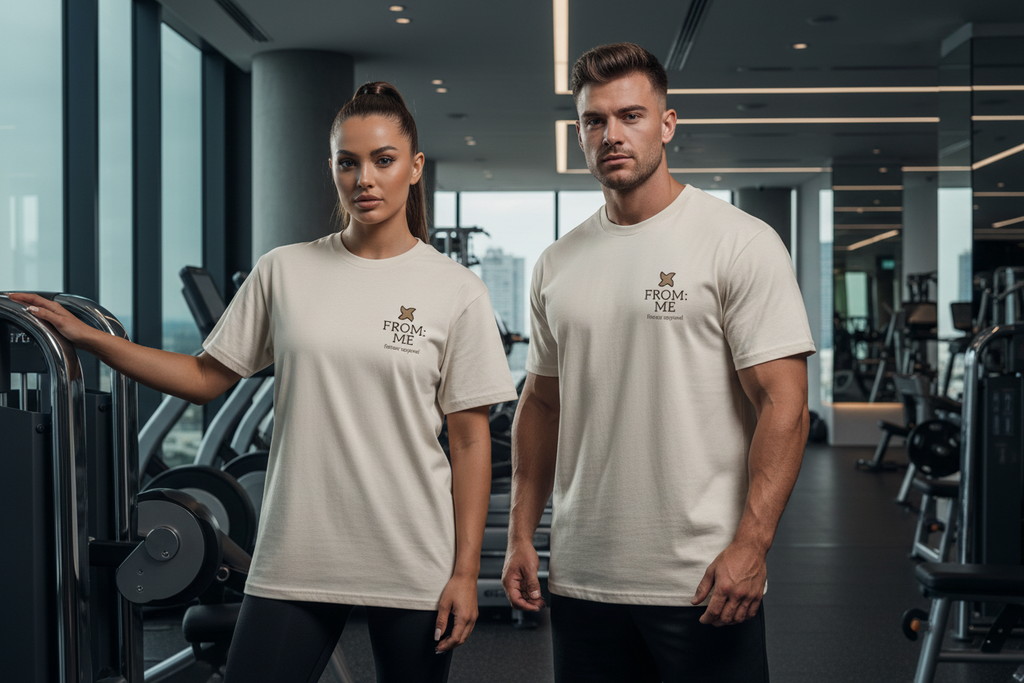 Two people wearing beige t-shirts with a logo in a gym setting | From Me Fitness Apparel