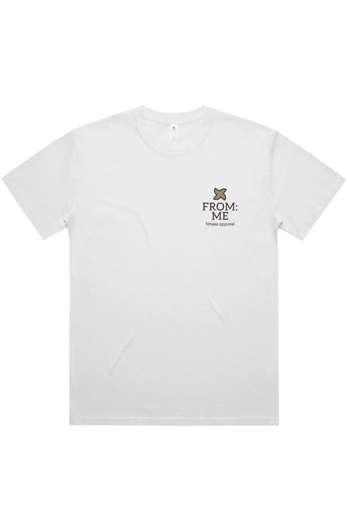 White t-shirt with a logo and text on a white background
