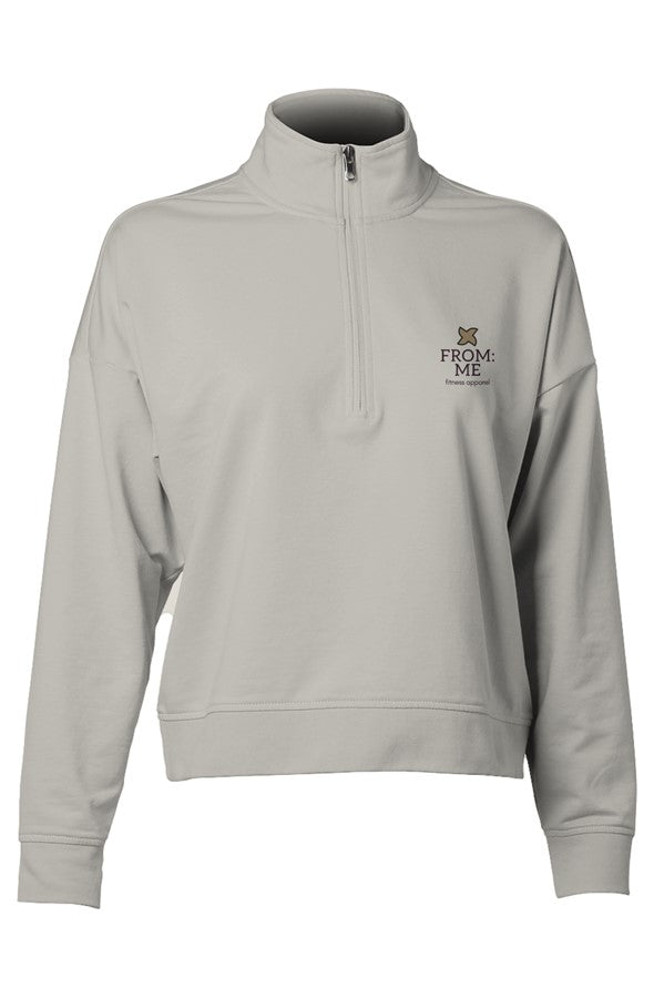 Light gray quarter-zip sweatshirt with a small logo on the chest against a white background | From Me Fitness Apparel