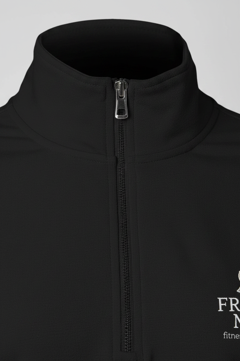 Close-up of a black jacket with a zipper and 'From Me Fitness Apparel' branding.