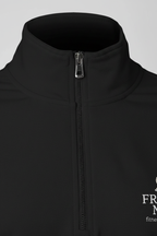 Close-up of a black jacket with a zipper and 'From Me Fitness Apparel' branding.
