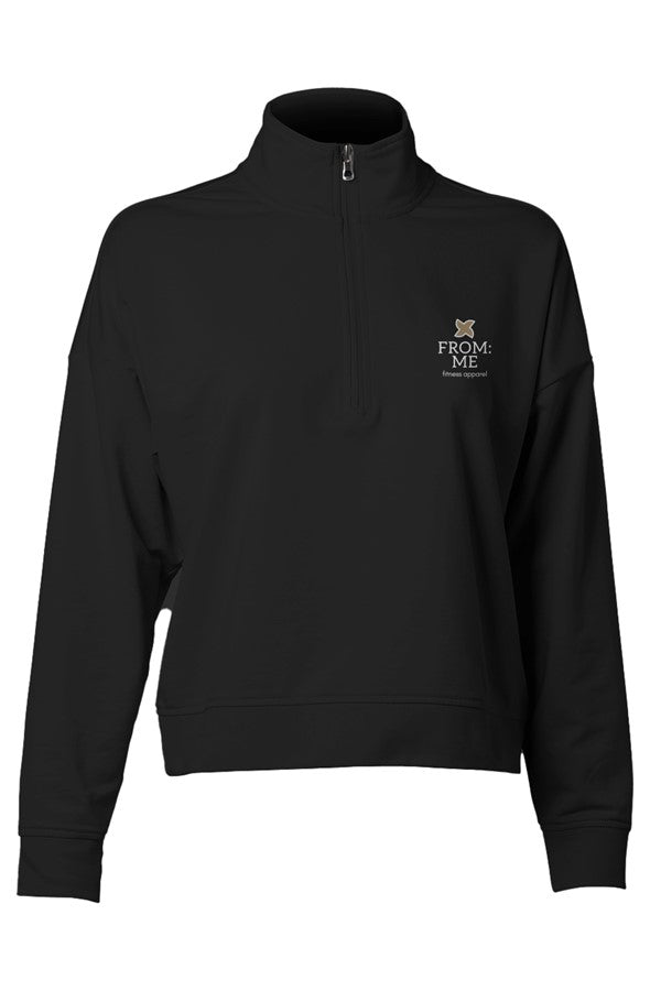 Black quarter-zip sweatshirt with a logo on a white background