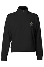 Black quarter-zip sweatshirt with a logo on a white background