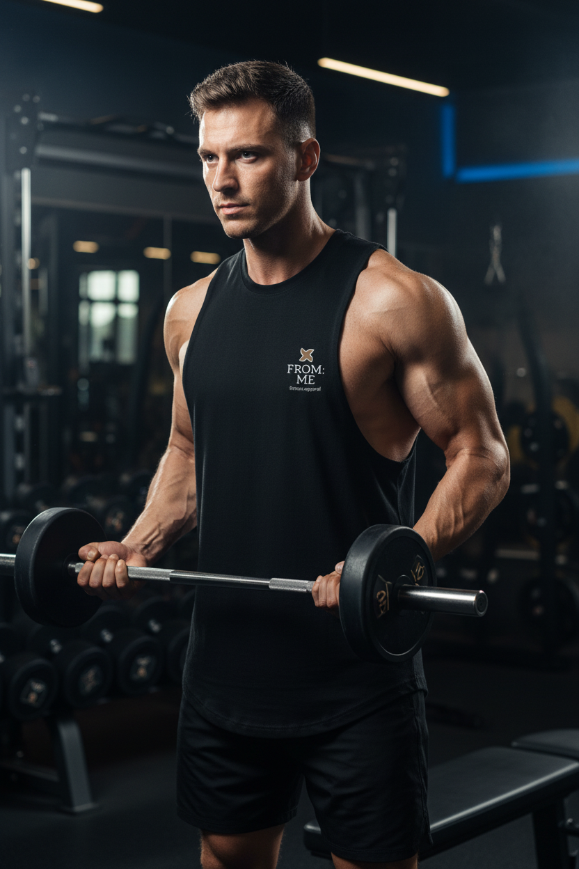 Muscular man lifting a barbell in a gym setting | From Me Fitness Apparel