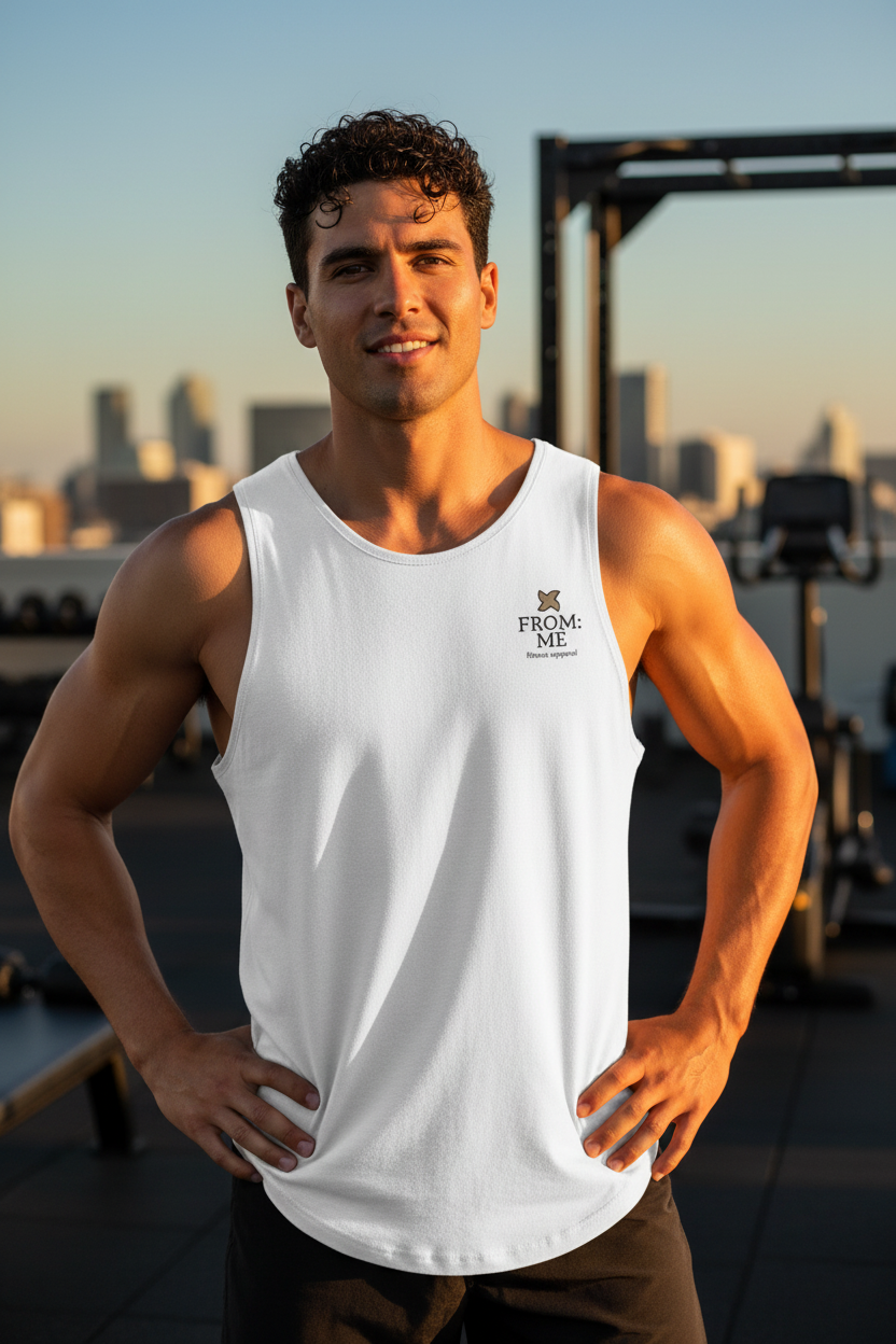 Man wearing a white tank top with a logo and text, standing on a rooftop with city skyline in the background | From Me Fitness Apparel