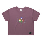 Purple t-shirt with floral graphic and text on a white background