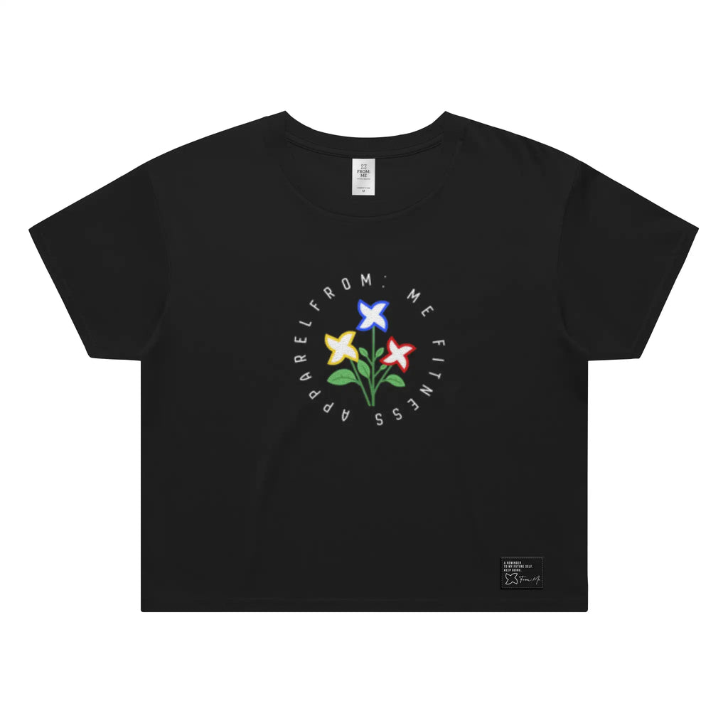 Black t-shirt with colorful floral design and text on a white background | From Me Fitness Apparel