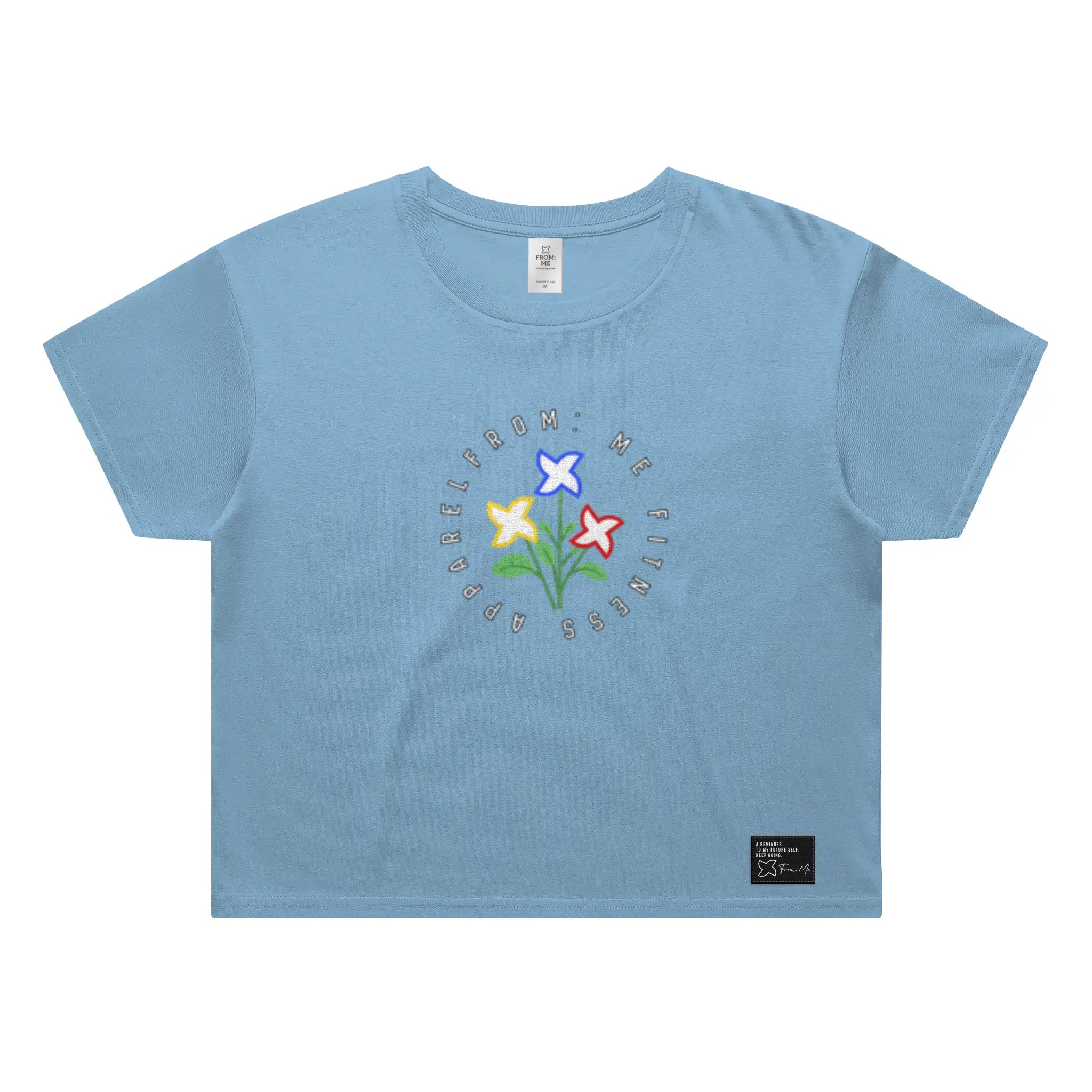 Light blue t-shirt with colorful flower graphic and text on a white background | From Me Fitness Apparel