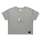 Gray t-shirt with colorful flower graphic and text on a white background