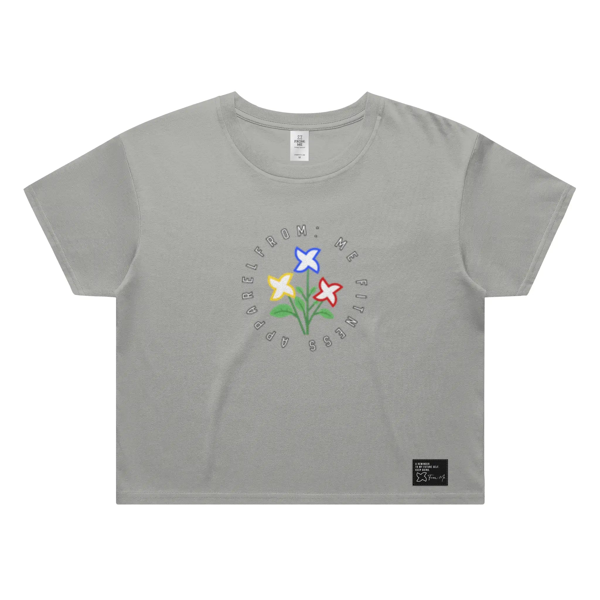 Gray t-shirt with colorful flower graphic and text on a white background