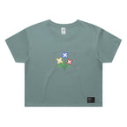 Green t-shirt with colorful floral design and text on a white background