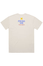 beige t-shirt with 'FROM ME' logo on the back against a white background