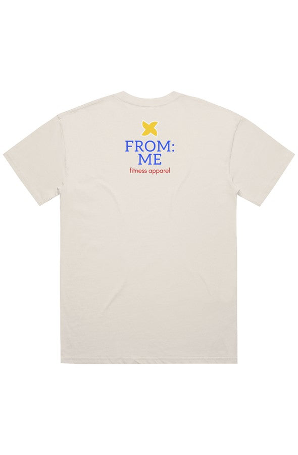 beige t-shirt with 'FROM ME' logo on the back against a white background
