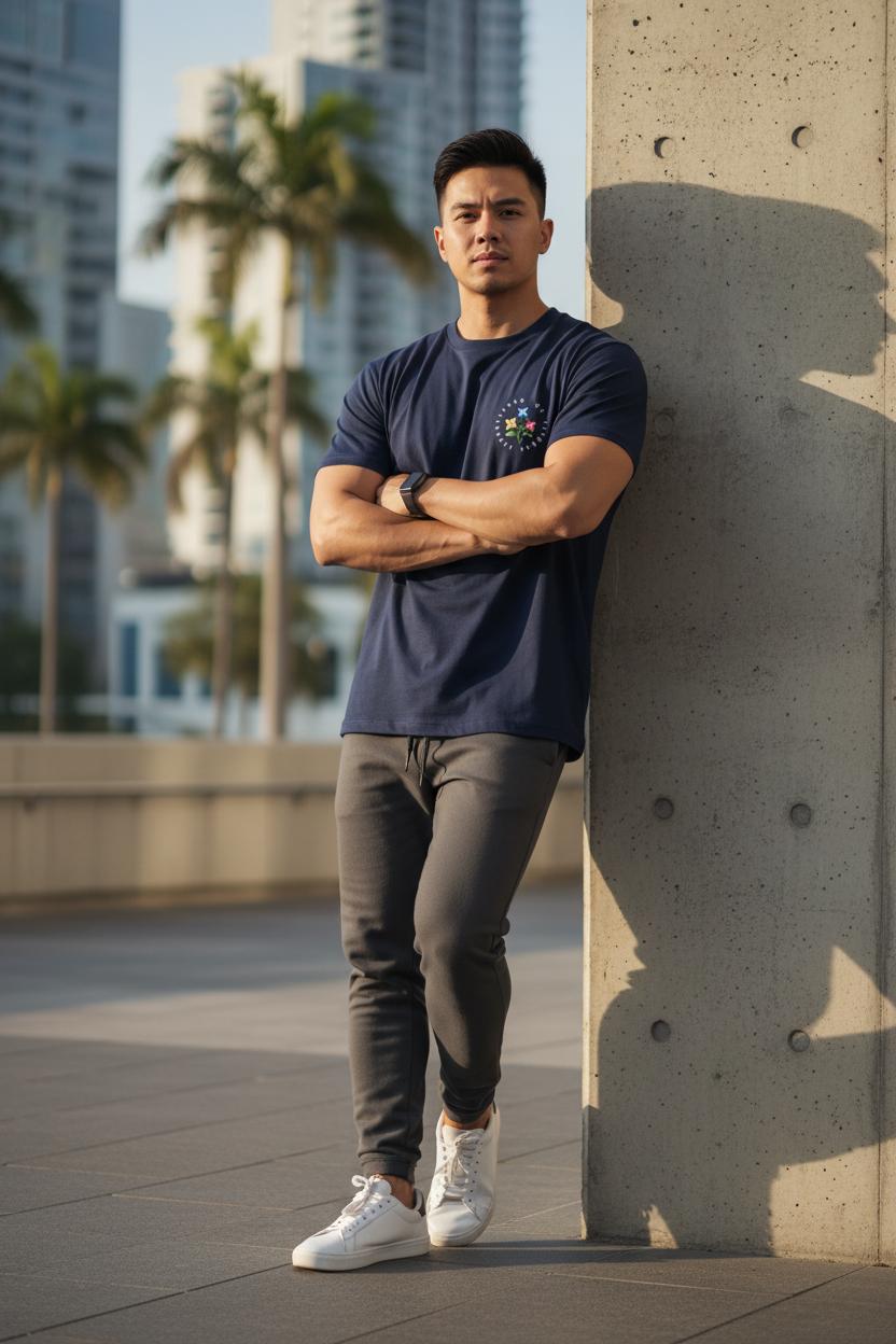 Man standing against a concrete wall with palm trees and buildings in the background