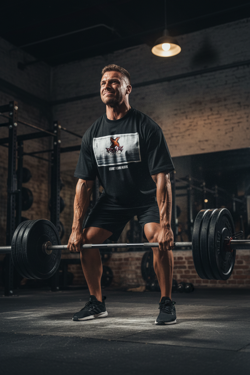 A black short-sleeve t-shirt with a rectangular graphic print on the chest featuring a graffiti-style orange  logo and the text 'From Me Fitness Apparel' and 'LEAVE YOUR MARK'. A small black brand patch is visible on the lower right hem with a man dead lifting weights
