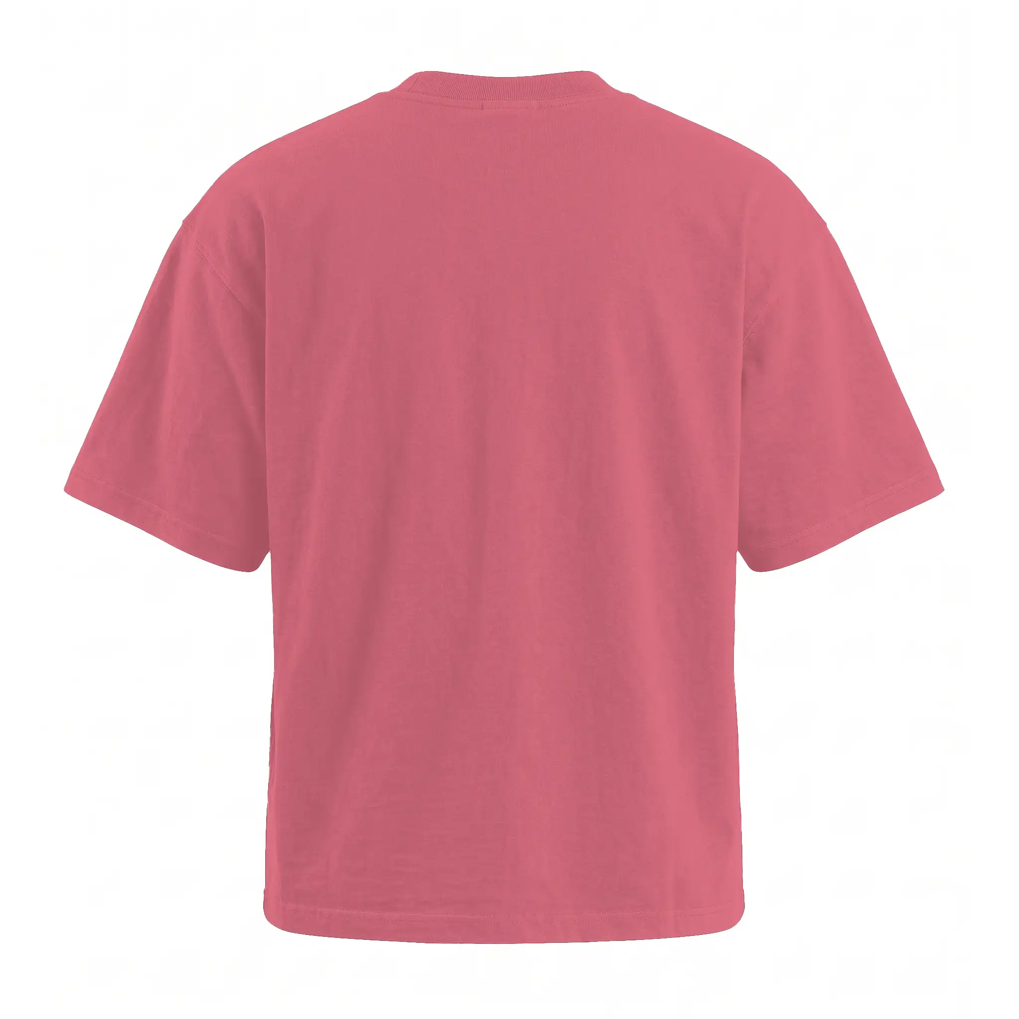 A plain short-sleeve crewneck t-shirt shown from the back, in a solid dusty rose pink color, isolated on a white background.