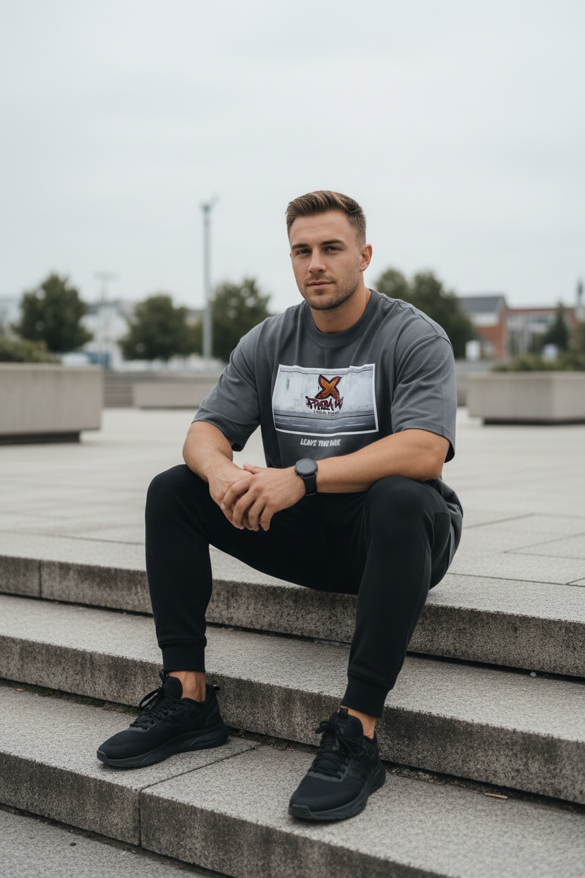 A man sitting on outdoor concrete steps wearing a dark gray graphic t-shirt, black sweatpants, and black sneakers.