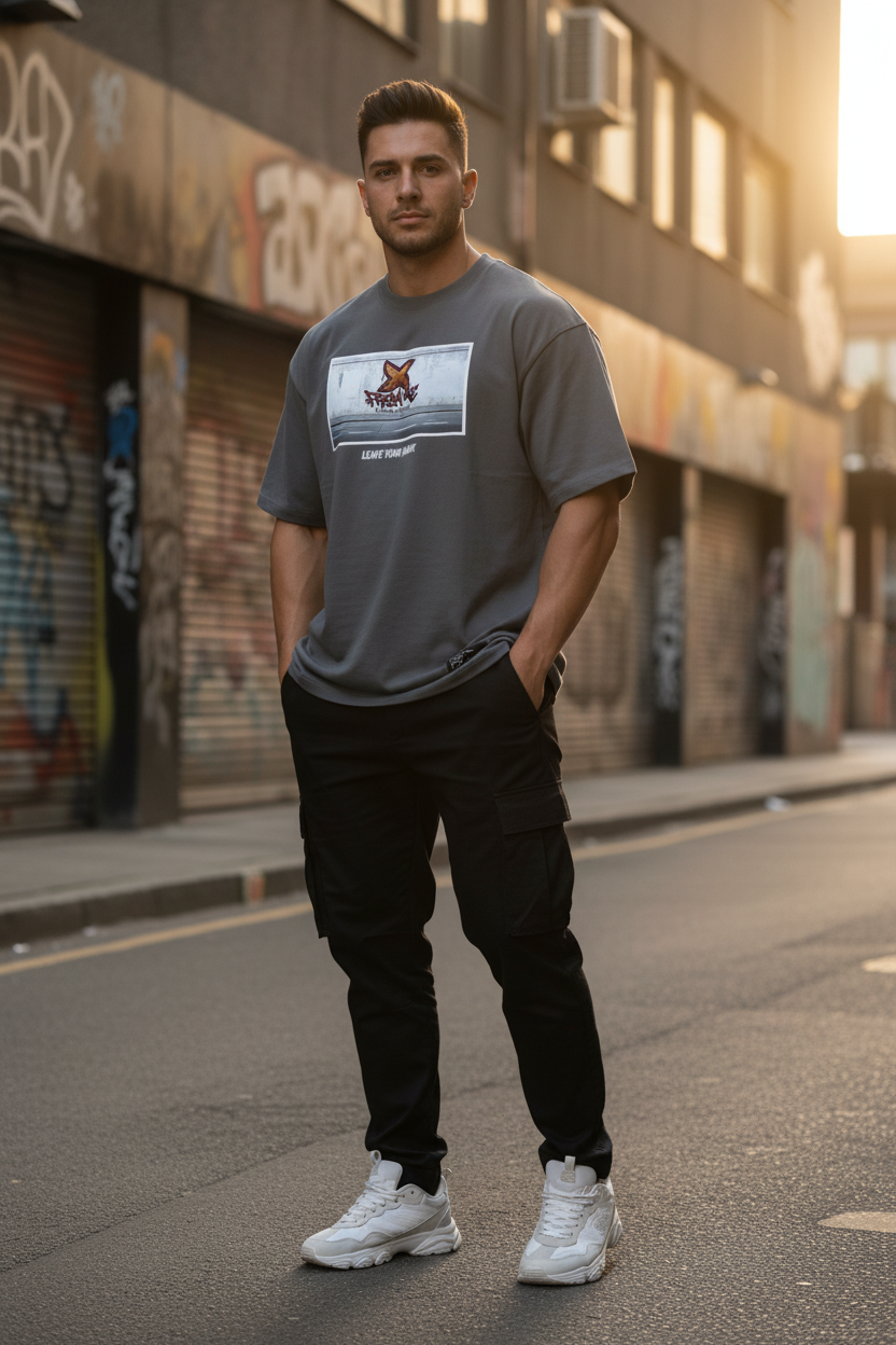 A man standing on an urban street wearing a gray graphic t-shirt, black cargo pants, and white sneakers. The background features graffiti-covered building shutters and warm golden-hour sunlight.