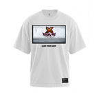 A white short-sleeve t-shirt with a rectangular graphic print on the chest featuring a graffiti-style orange  logo and the text 'From Me Fitness Apparel' and 'LEAVE YOUR MARK'. A small black brand patch is visible on the lower right hem.