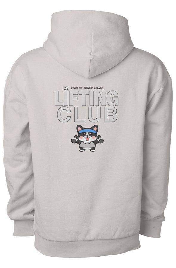 beige hoodie with 'Lifting Club' text and cartoon character on the back, on a white background.